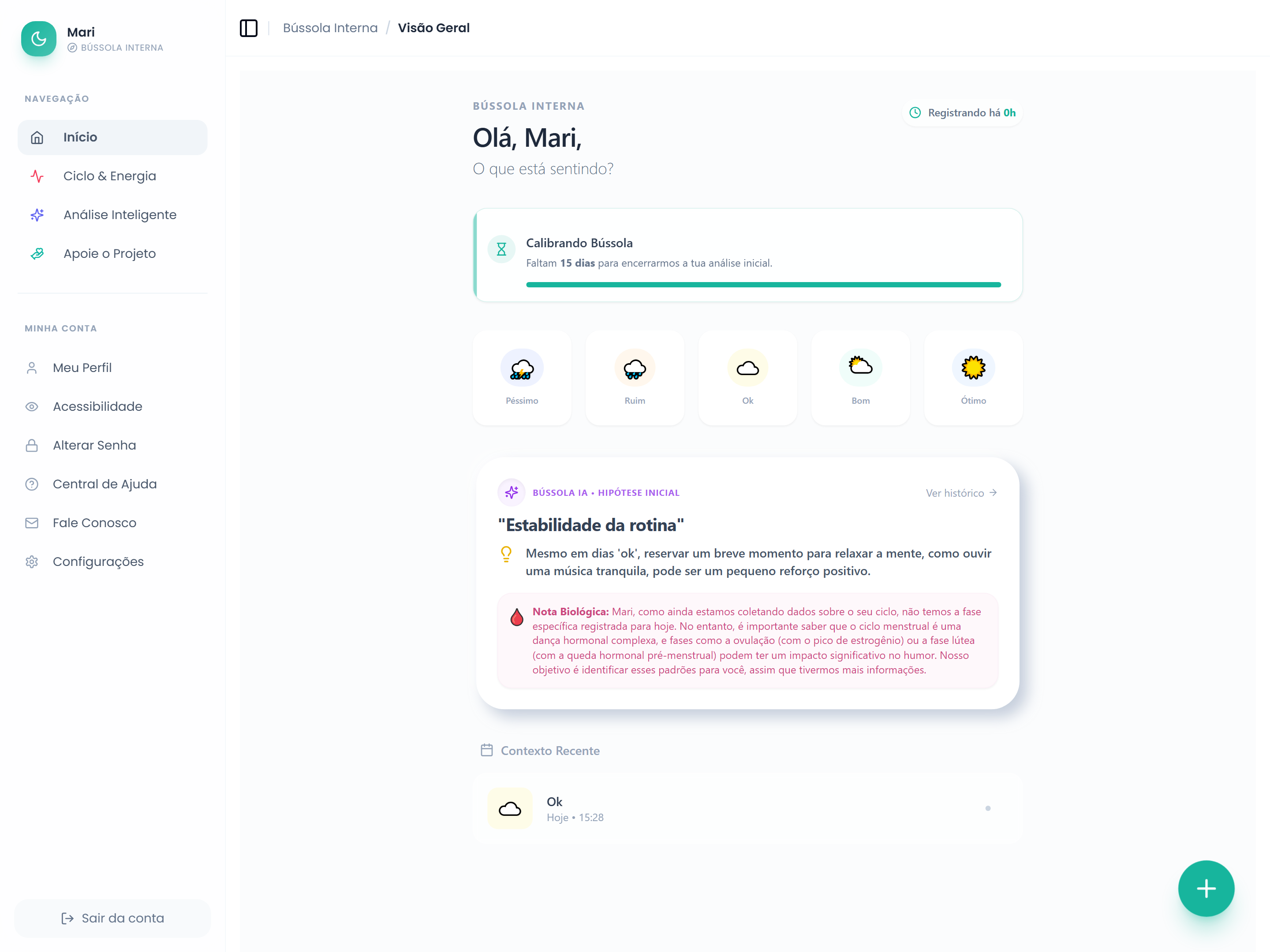 Painel de controle do aplicativo Bússola Interna mostrando gráfico de humor